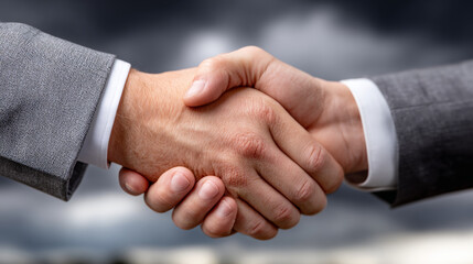Handshake symbolizes promising partnership, unified team achieving goals under cloudy skies. powerful representation of collaboration