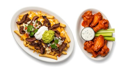 Delicious loaded fries and spicy chicken wings appetizer platter ready to eat