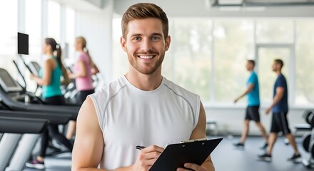 Man in a gym holding a clipboard, with people exercising in the background.