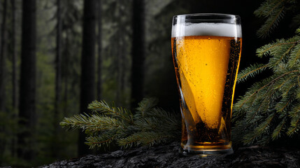 Golden brew shimmers invitingly, capturing forest serenity in every bubble, promising refreshing escape into nature embrace, pure bliss