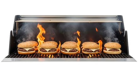 Five delicious juicy cheeseburgers grilling over flames on a stainless steel barbecue