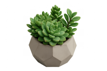 Green succulent plant growing in concrete geometric pot