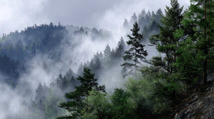 Mist curls through evergreens, an ethereal dance creating serene and peaceful mood in mountain forest, feeling calm and refreshed