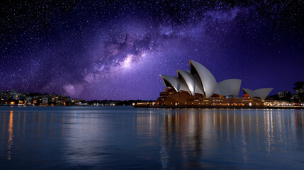 Galaxy house feels majestic as it stands tall beneath vibrant night sky, its lights shimmering reflection lake, creating magical atmosphere