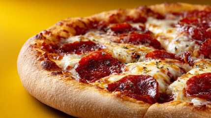 Pepperoni pizza with mozzarella cheese on yellow background is delicious. This classic Italian American dish looks appetizing and ready to be enjoyed