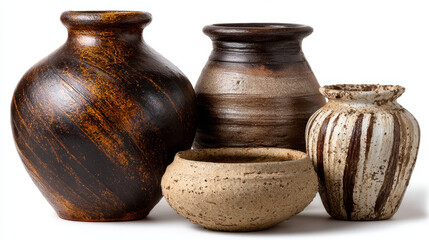 Group of ceramic vases and pots, each with unique textures, sit together bringing charm, showcasing their handmade nature and earthy color palette