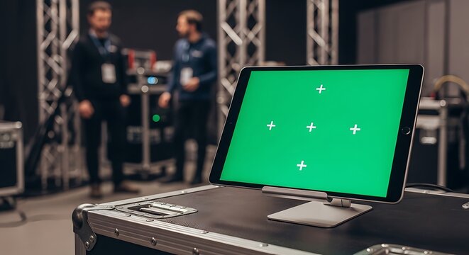 Tablet with a green screen on a stand, with blurred figures in a tech setting.