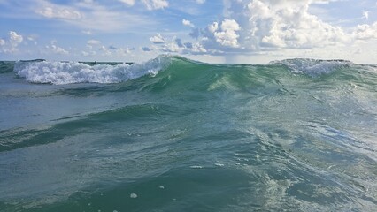 Blue-Green Ocean Waves and Cloudy Sky on Mexico Gulf.