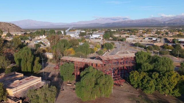 Aerial view of historical Estaci&oacute;n 1 Cable Carril among trees in Chilecito, La Rioja Province, Argentina.