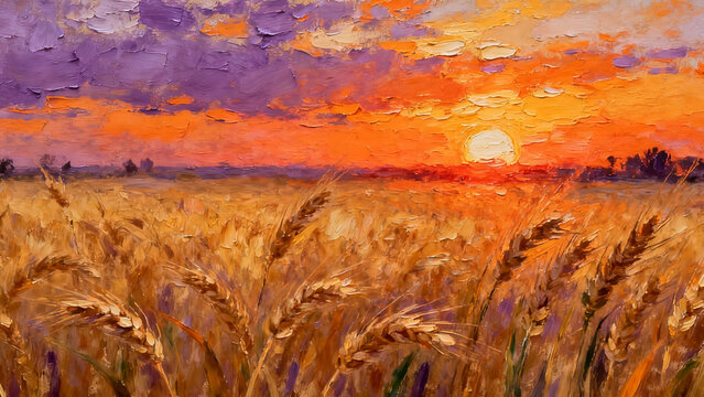 impressionist oil painting of wheat field sunset