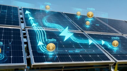 Medium shot of a solar panel array with an energy grid interface overlay symbolizing the dynamic exchange of electricity and credits in net metering programs. - Powered by Adobe