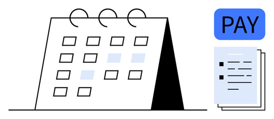 Desk calendar with marked dates, payment reminder label, and stacked documents. Ideal for finance, organization, productivity, scheduling, reminders bill management and business planning. Clean