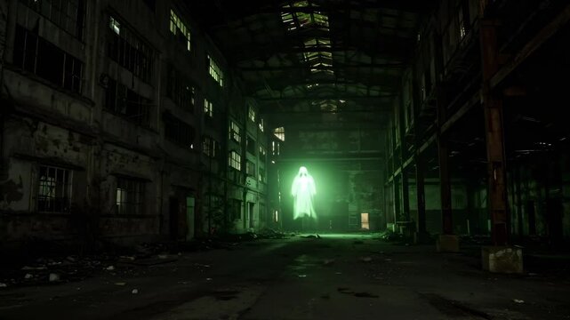 Ghost rising in abandoned industrial building at night, horror and mystery concept with eerie atmosphere for fantasy animation