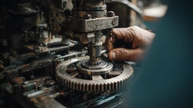 Operator lubricates gears and replaces worn parts on a vintage letterpress machine maintaining traditional print methods for creating unique artisanal prints.