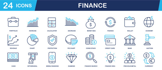 Set of collection line icons related Finance. Editable stroke. Perfect pixel on transparent background