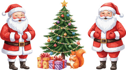 PrintTwo cheerful Santa Claus characters with Christmas tree, colorful gifts, squirrel, festive decorations, winter holiday celebration, and New Year joy.