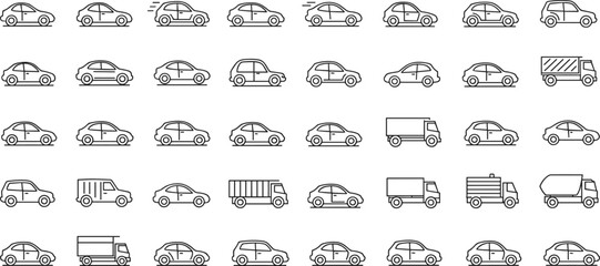 PrintVehicle icon set illustration, diverse car and truck outline drawings, transport symbols for design, automotive graphic elements, minimal line style collection