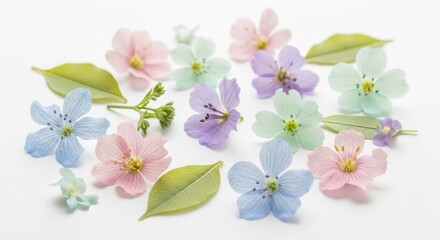 Fototapeta premium Pastel Spring Flowers Scattered on White Background, Delicate Blossoms