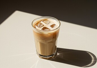 Creamy iced coffee beverage on a sun-drenched surface, evoking tranquil summer mornings and relaxed, warm-toned vibes ,aesthetic ,bright ,golden hour