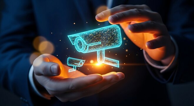 Man holding glowing CCTV cameras in hands representing security and surveillance technology. - Powered by Adobe