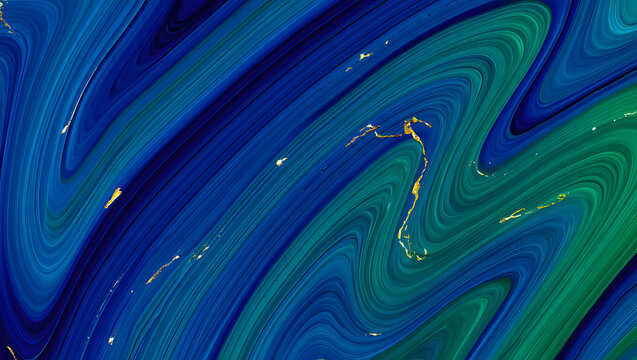 Luxurious abstract background featuring a dynamic swirl of blue and green liquid paint mixed with shimmering gold particles