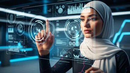Futuristic interface interaction by professional female coder in hijab using augmented reality for - Powered by Adobe