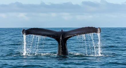 Obraz premium Majestic whale tail gracefully surfaces from deep blue ocean waters, creating a mesmerizing cascade of droplets against a serene sky, evoking wonder and the vastness of nature's beauty.