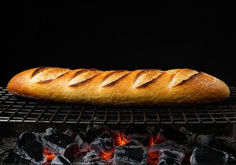 Crispy baguette, golden brown with char marks, being grilled over hot coals. Perfect for outdoor dining and summer gatherings ,charcoal ,baking ,warm