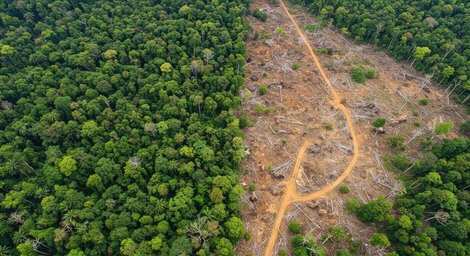 Dramatic aerial view starkly contrasts vibrant, untouched rainforest with barren, deforested land scarred by logging roads, highlighting environmental crisis and habitat destruction - Powered by Adobe
