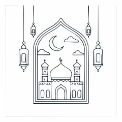 Line art illustration of a mosque with crescent moon, clouds, and hanging lanterns, creating a serene and spiritual atmosphere.