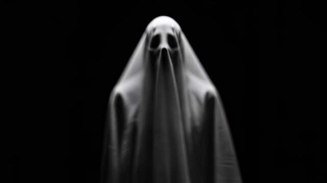 Ghost figure appearing in dark room, a spooky spirit covered in white sheet for Halloween and horror video.