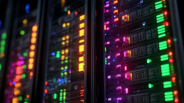 Medium shot of a server rack with glowing LED indicators illustrating realtime softwaredriven load distribution in a hightech data center environment.