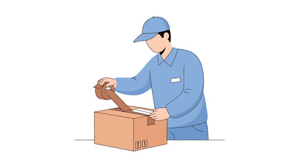 Courier Worker Packing a Cardboard Box for Delivery in a Modern Logistics Environment