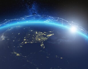 A nighttime view of the Earth from space with a glowing blue atmosphere and a network of city lights concentrated over Digital Spain.