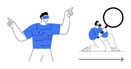 Two individuals explore technology, one with VR headset and virtual circuits, another analyzing data with a magnifying glass. Ideal for innovation, tech, analytics, research, futuristic concepts