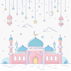 Fototapeta premium Pastel illustration of a mosque with minarets, crescent moon, lanterns, and stars hanging from above against a white background.