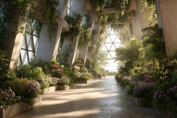 Obraz premium A long walkway with lots of plants and flowers in it