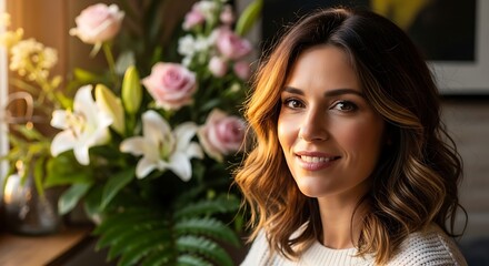 The picture shows a beautiful natural landscape with green hills and a clear blue sky. In the middle of the field, a group of deer is grazing peacefully. Tall trees surround the area, and a small rive