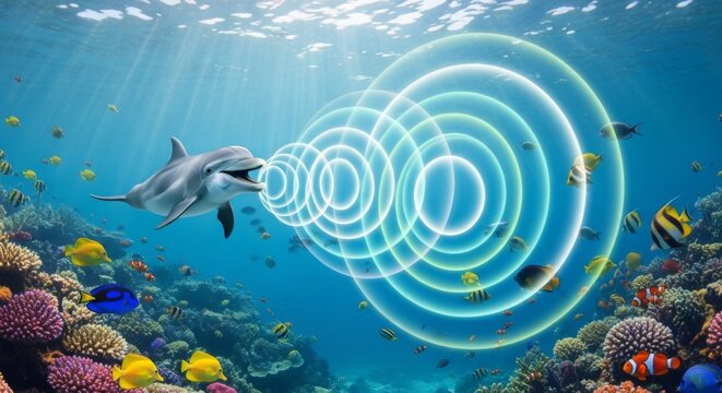 Dolphin communicating with sonar in a vibrant coral reef