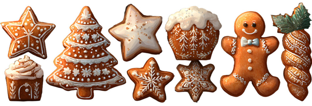 Cartoon christmas gingerbread cookies set. Xmas gingerbreads sweets star snowflake tree man, noel holiday decoration vector illustration - Powered by Adobe