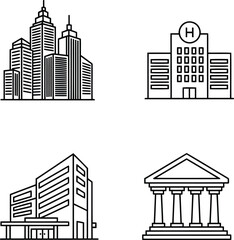 Obraz premium City buildings line art icons set: skyscraper, hospital, mall, museum vector graphics