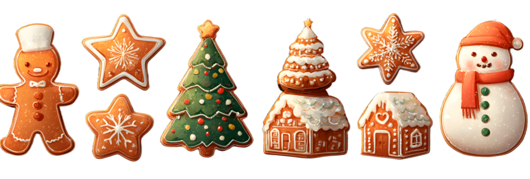 Cartoon christmas gingerbread cookies set. Xmas gingerbreads sweets star snowflake tree man, noel holiday decoration vector illustration