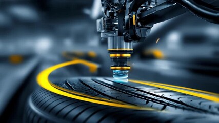 Automated robotic arm performing precision quality inspection on retreaded tire highlighting advanced technology in manufacturing process efficiency.