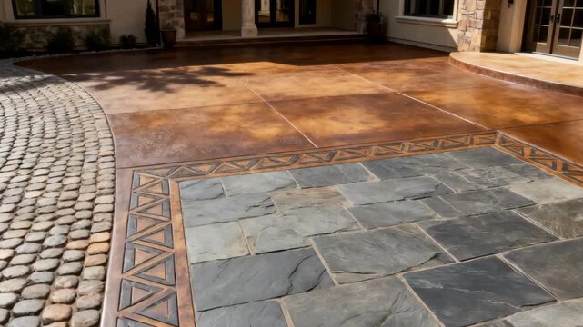 Medium shot of a spacious courtyard featuring diverse stamped concrete patterns including cobblestone and slate enhancing architectural appeal and durability