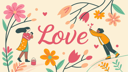 Valentine's day love illustration with flowers and people sharing love and romantic feelings concept design