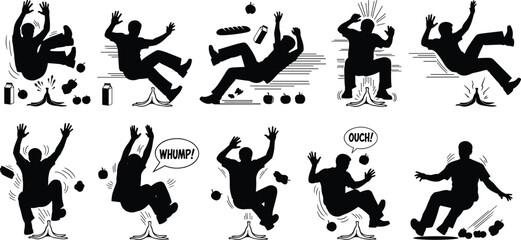 Silhouette, comic strip, banana peel, falling person, accident, humor, slapstick, motion, WHUMP, OUCH, food flying, stumble, fall, cartoon, sequence, injury, funny moment, visual gag, comic fall, i