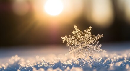 A close-up of a detailed snowflake resting on snow with a warm, glowing sunset in the background, creating a serene winter scene with natural light and sparkling ice crystals