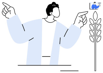 Abstract person gesturing in opposite directions, small screen showing collaboration, wheat stalk signifying agriculture. Ideal for topics thumbs up decision-making, technology, farming