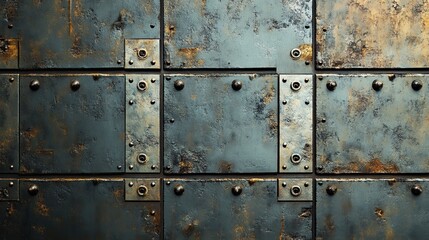 A weathered metal wall paneling with rivets and rust, creating a dark and industrial aesthetic.