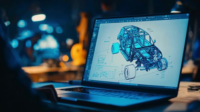 Creative specialist reviewing CADdriven design changes on a laptop emphasizing dynamic parametric updates in product development.